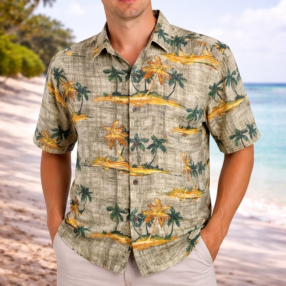 Tommy Bahama Hawaiian Aloha Shirt Large Palms Crosshatch Pale Green Silk Blend